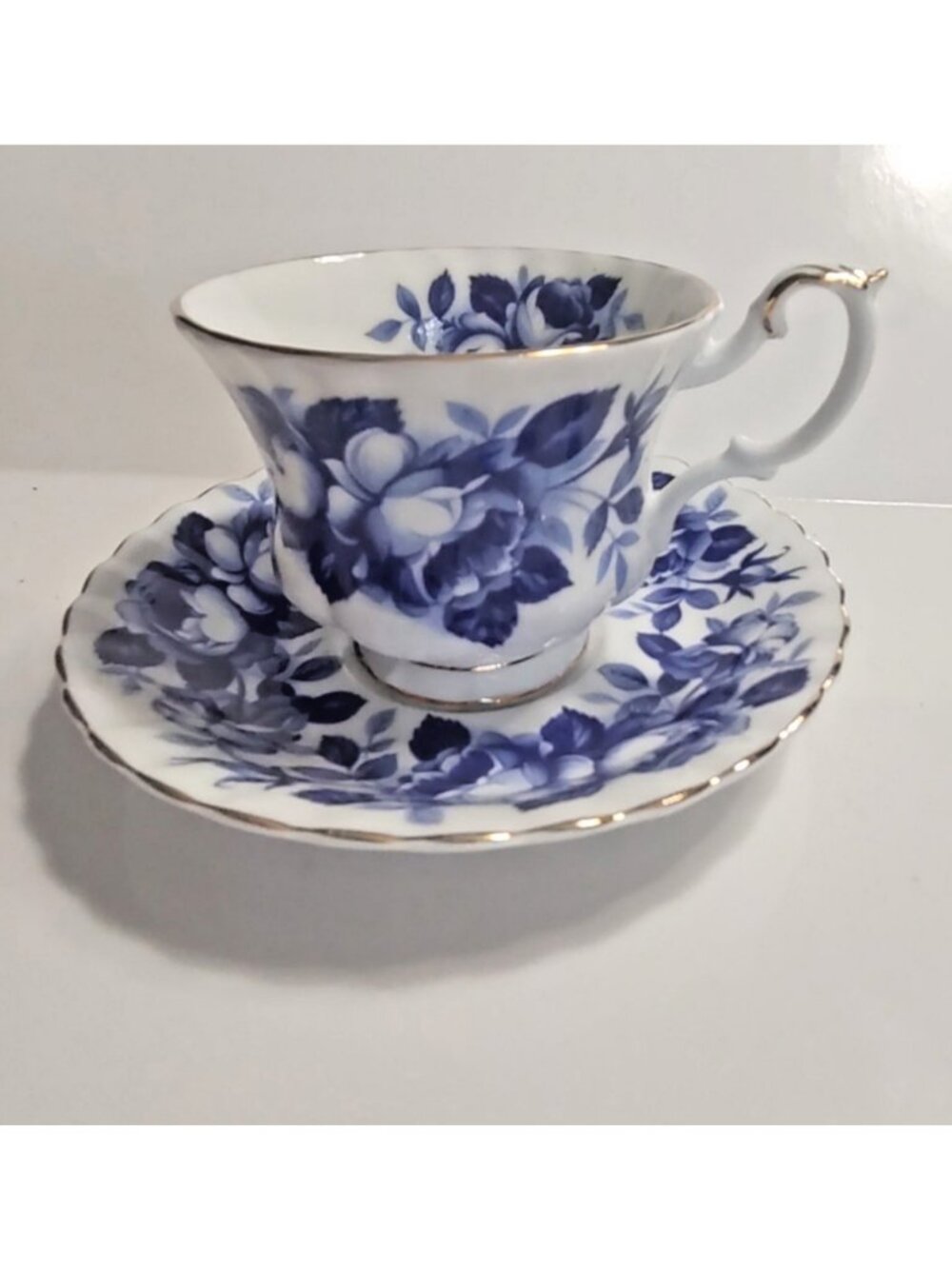 Vintage Royal Albert "Aristocrat" teacup and saucer Delft Blue Roses set 1960's